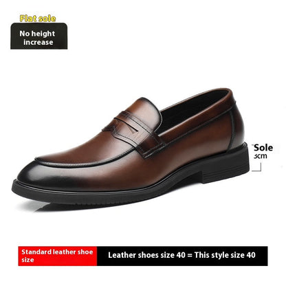 Cowhide Business Formal Wear Men's Slip-on Invisible Height Increasing Leather Shoes