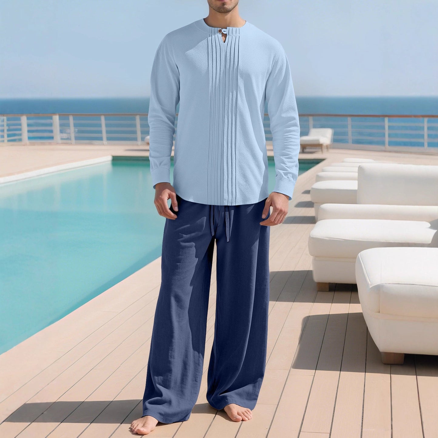 Buttoned Long Sleeve Robe And Straight-leg Pants Mens Suit