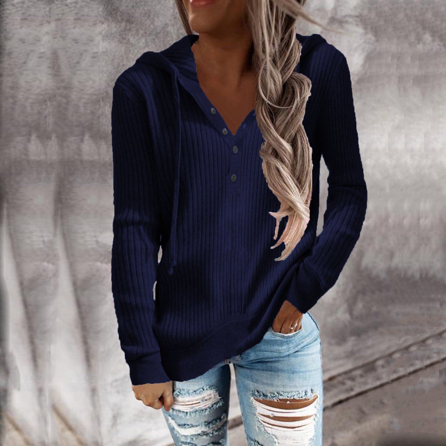 Women Ribbed Knit Hoodie Top Henley Half Button Drawstring Long Sleeve Casual Pullover Blouse