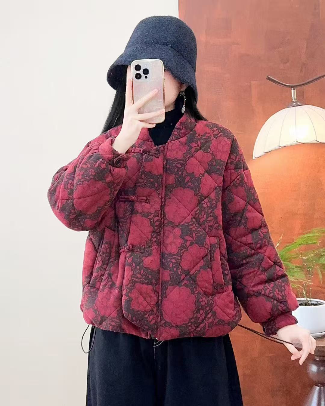 Womens Cotton-Polyester Printed Stand-Collar Coat