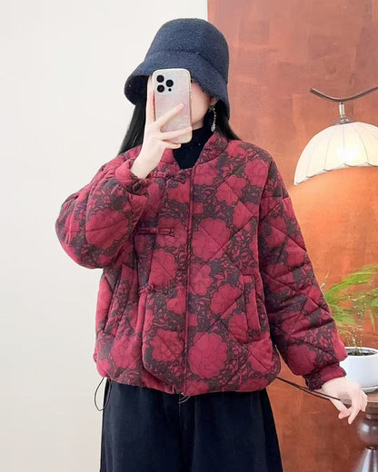 Womens Cotton-Polyester Printed Stand-Collar Coat