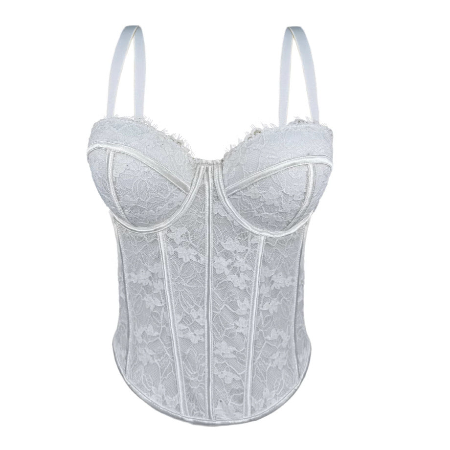 New Cross-border European And American Spice Girls Black Lace Inner Strap High-end Outer Wear Body Shaping Push-up Fishbone Bra