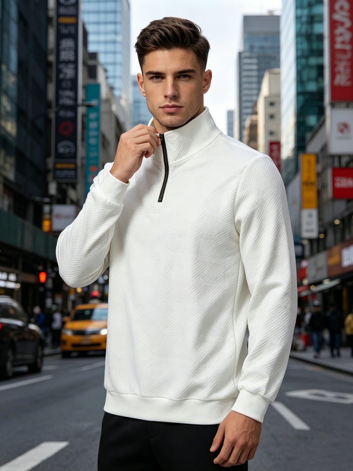 Men's Half-Zip Stand-Up Collar Knit Pullover With Jacquard Texture, 2026 Autumn-Winter Leisure Long-Sleeve Hooded Jacket