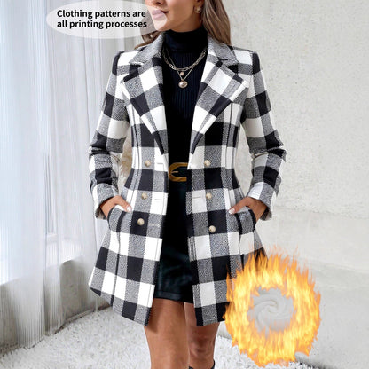 Plus-size Contrast-color Plaid Fleece-lined Loose-fit Coat For Women
