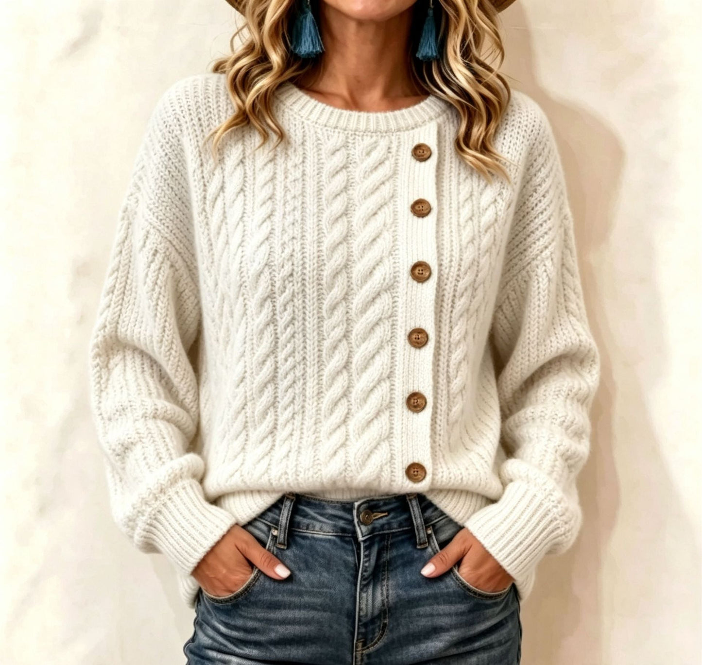 Womens Knitted Casual Comfortable Long-Sleeve T-Shirt With Buttons
