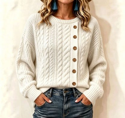Womens Knitted Casual Comfortable Long-Sleeve T-Shirt With Buttons