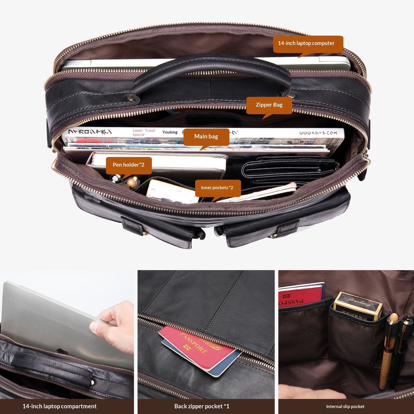 Retro Mens Shoulder Crossbody Bag Full-Grain Leather Handbag Business Briefcase
