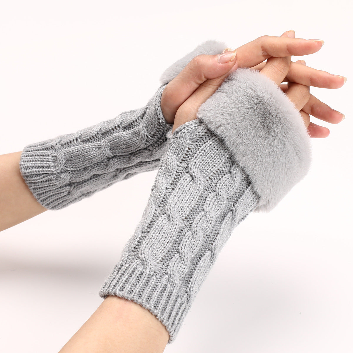 Women's Cable Knit Arm Warmers - Open End Half Finger Gloves with Wool Lining for Fall Winter Cold Weather