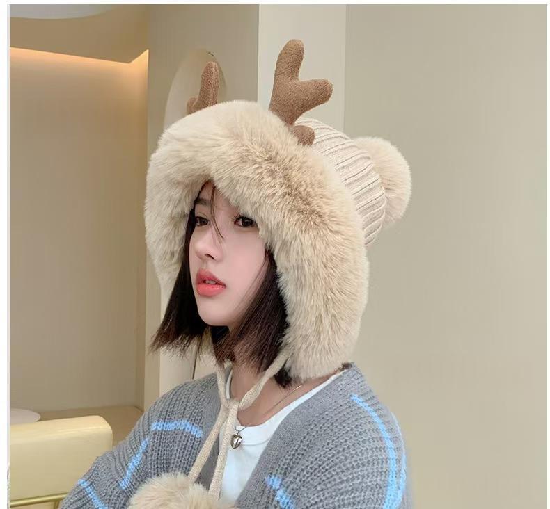 Womens Plush Antler Pom-Pom Christmas Hat