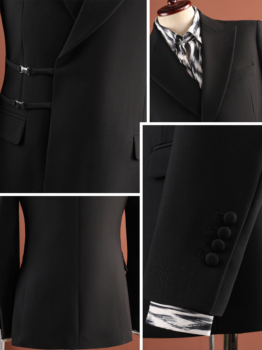 Men Black Peak Lapel Side Buckle 2 Piece Suit Set Gurkha Trousers