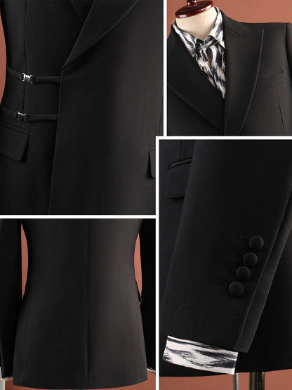 Men Black Peak Lapel Side Buckle 2 Piece Suit Set Gurkha Trousers