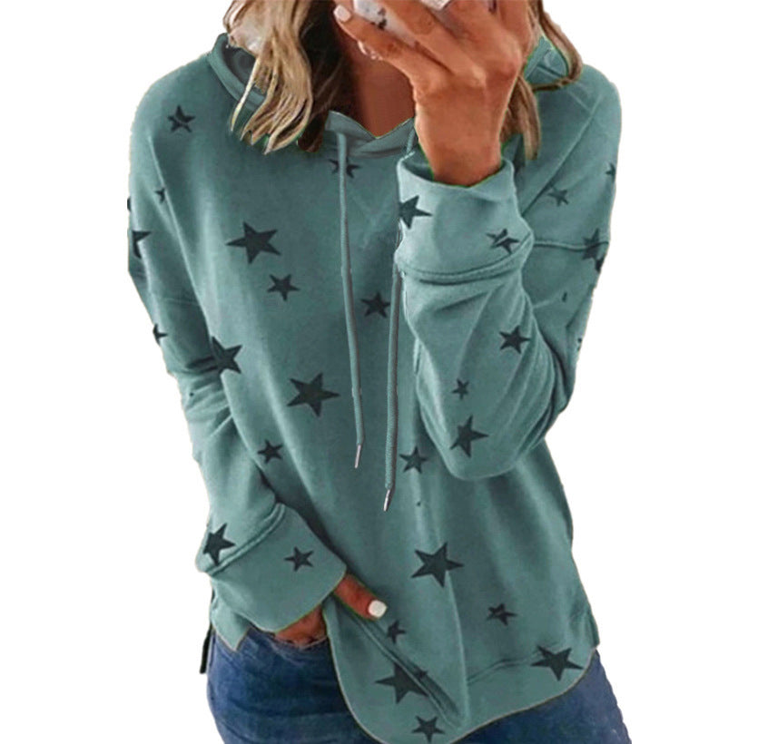 Women's Star Print Drawstring Hoodie, Long Sleeve Side Slit Casual Hooded Sweatshirt With Pockets