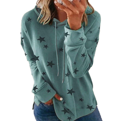 Women's Star Print Drawstring Hoodie, Long Sleeve Side Slit Casual Hooded Sweatshirt With Pockets