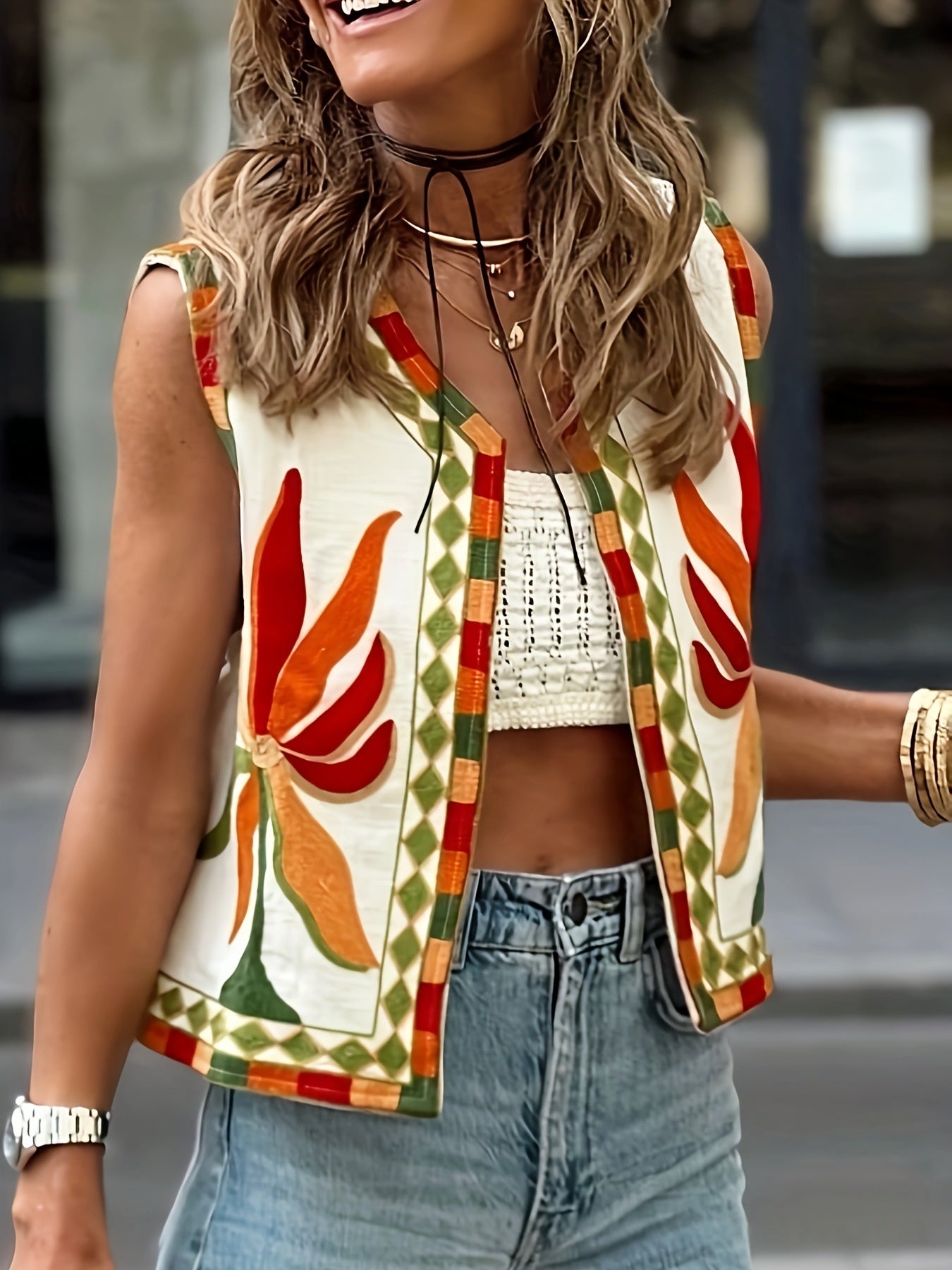 Womens New Embroidered Cardigan Vest With Printed Top