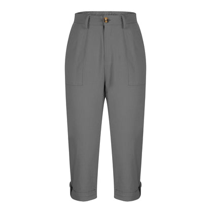 Womens Solid-color Buttoned Roll-up Capri Pants