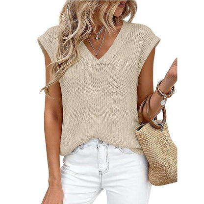 New Cross-Border European And American Women's Fashion Amazon Tk Hot-Selling Women's V-Neck Casual Top Short-Sleeve Chunky Knit Sweater