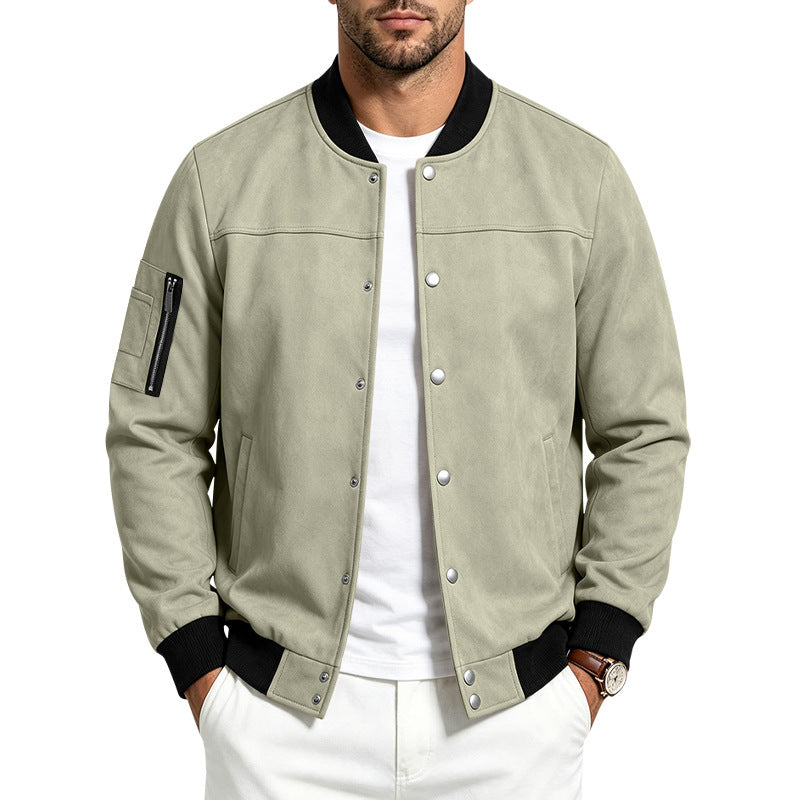 Mens Suede-Blend Casual Sporty Stand-Neck Jacket With Buttons