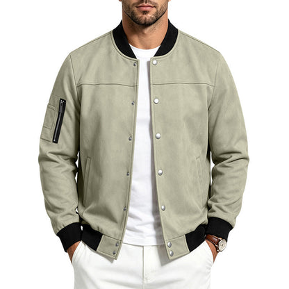 Mens Suede-Blend Casual Sporty Stand-Neck Jacket With Buttons
