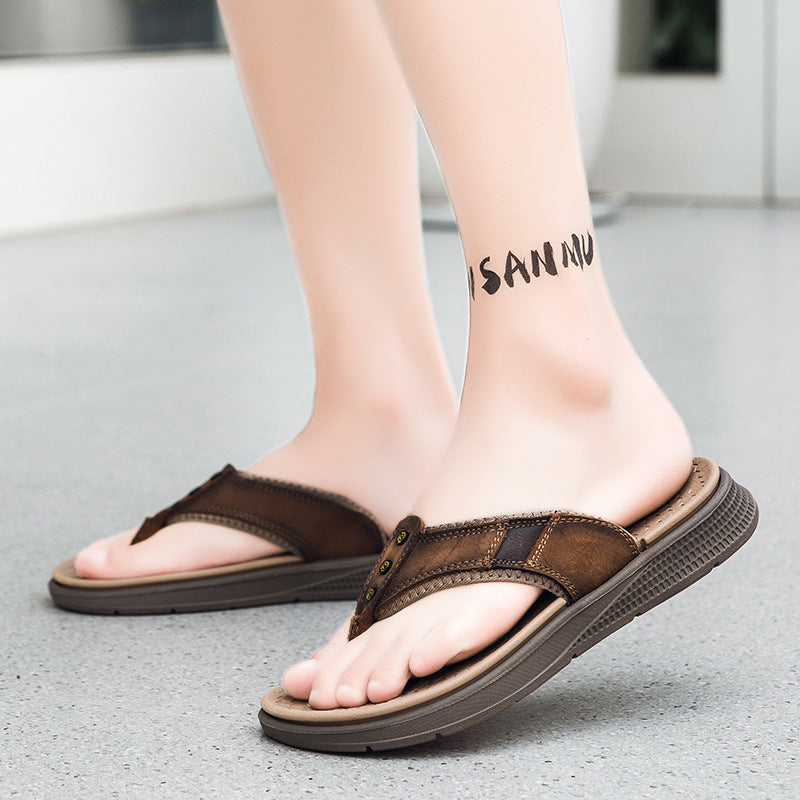 Mens Casual Breathable Full-grain Leather Slippers