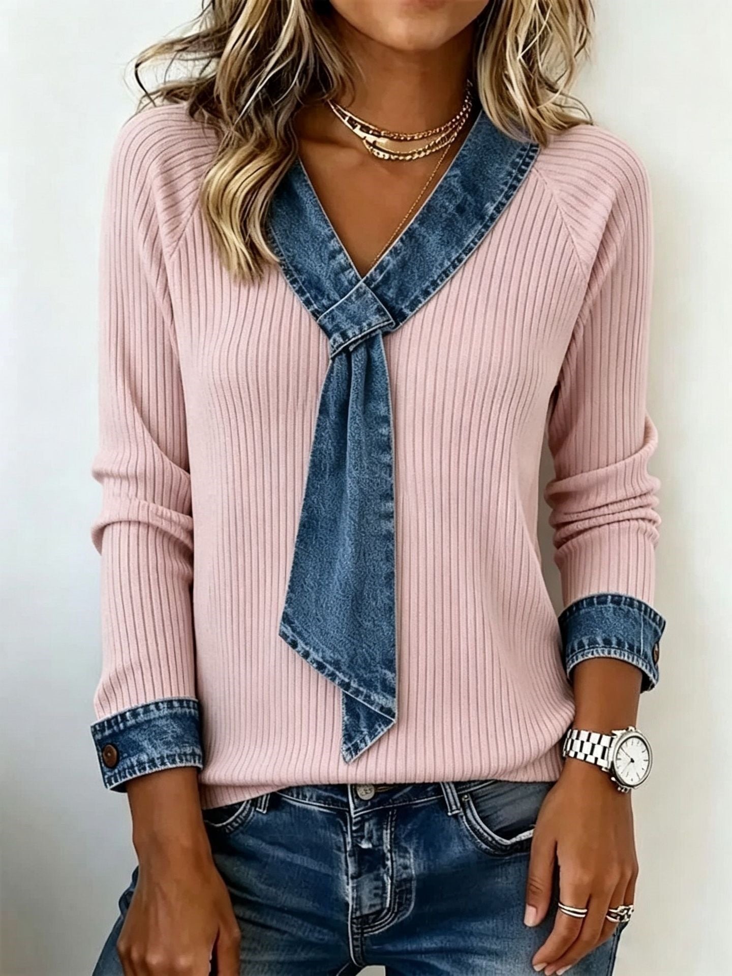 Womens Rib-knit Mock Two-piece V-neck Long-sleeve Top