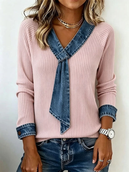 Womens Rib-knit Mock Two-piece V-neck Long-sleeve Top