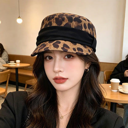 Retro Leopard Print Pleated Bow Hat For Spring And Autumn, Suitable For Both Horseback Riding And Casual Wear. Trendy For Girls With A Baseball Cap Style