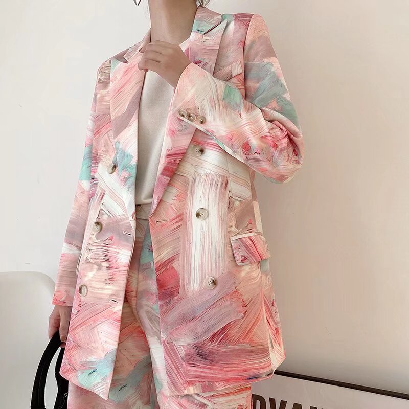Graffiti Printing Double Breasted Blazer For Women