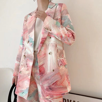 Graffiti Printing Double Breasted Blazer For Women