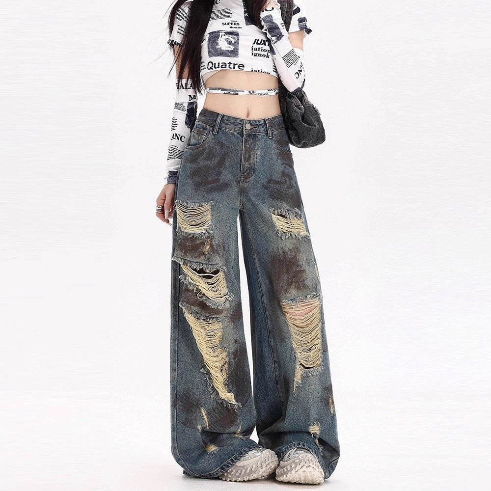 Womens American-style Distressed Wide-leg Jeans