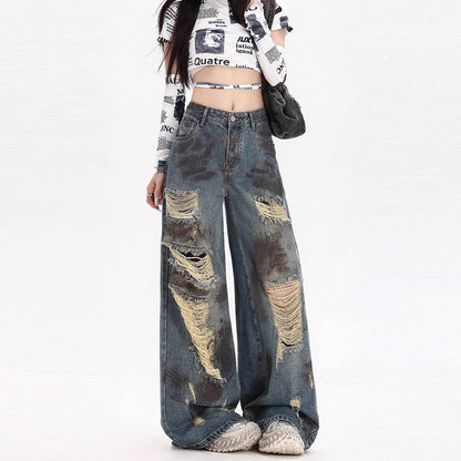 Womens American-style Distressed Wide-leg Jeans