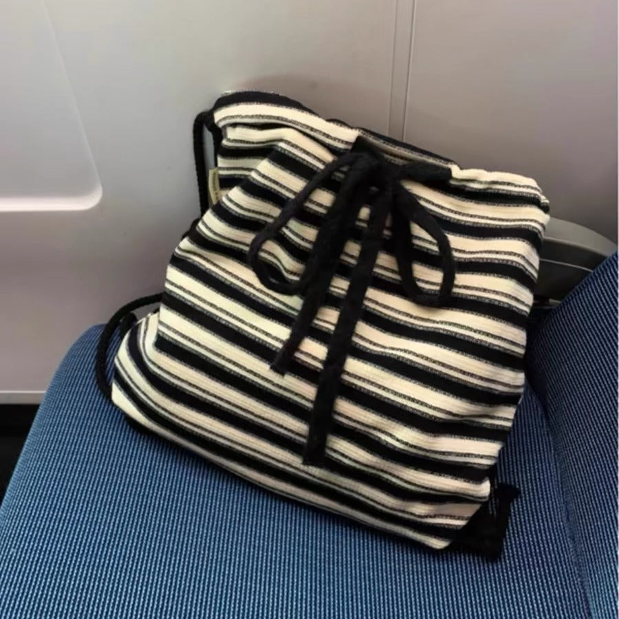 Fashion Black White Striped Drawstring Backpack Ins Lazy Style Large Capacity Canvas Bags Women Cute Campus Schoolbag For Girls
