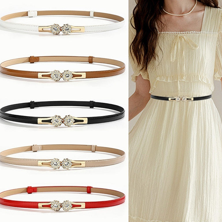 Adjustable Rhinestone Flower Thin Belt For Women Decorative