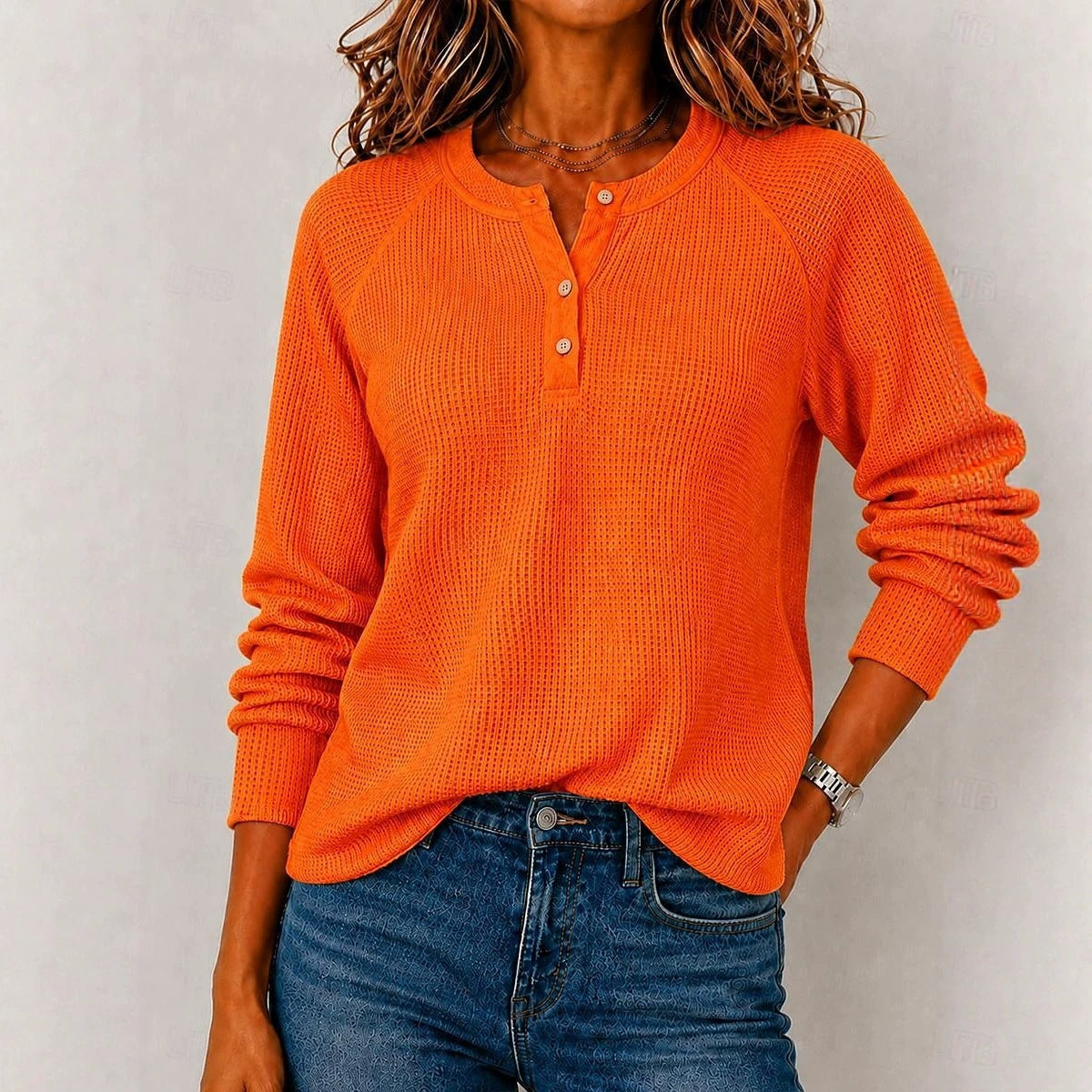Womens Long-sleeve Button-front Loose-fit Casual Top