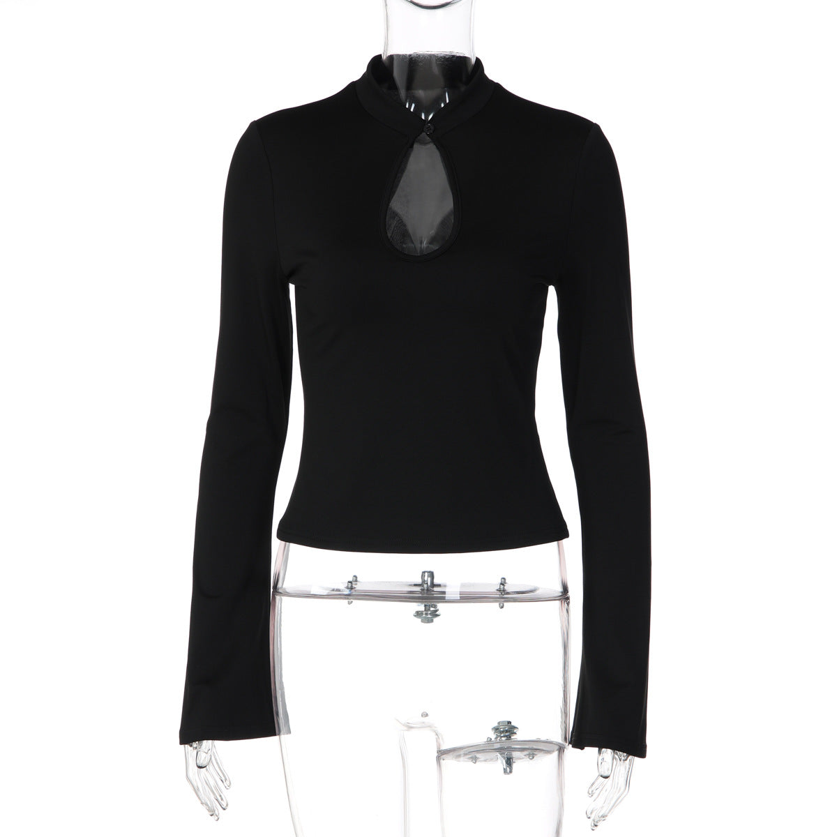 Womens French-style Hollow-out Solid-color Long-sleeve Top