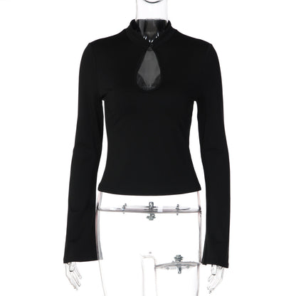 Womens French-style Hollow-out Solid-color Long-sleeve Top