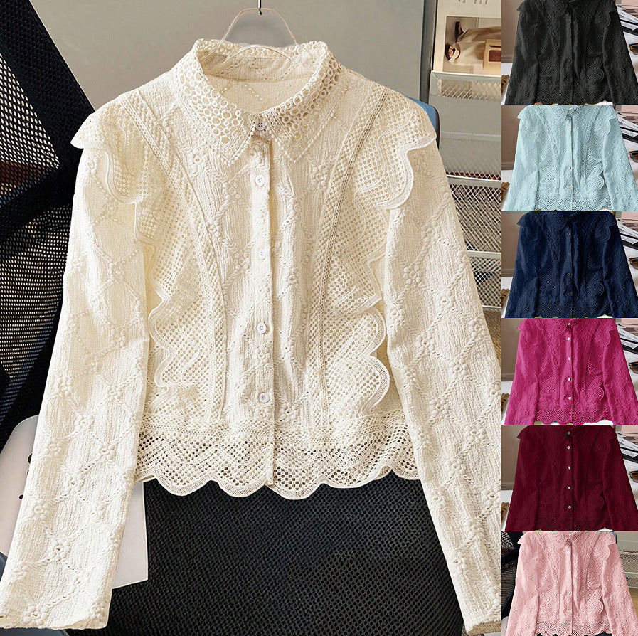 Hollow-out Suit-collar Long-sleeve Single-breasted Casual Lace-patchwork Blouse
