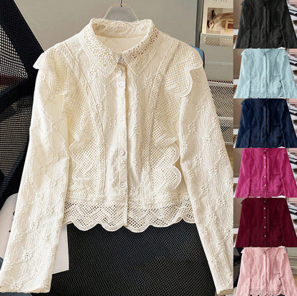 Hollow-out Suit-collar Long-sleeve Single-breasted Casual Lace-patchwork Blouse