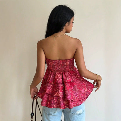 European And American-style Multi-layer Ruffled Strapless Top For Women