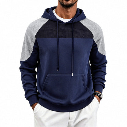 Fleece-lined Mens Patchwork Color-block Textured Loose-fit Hooded Jacket