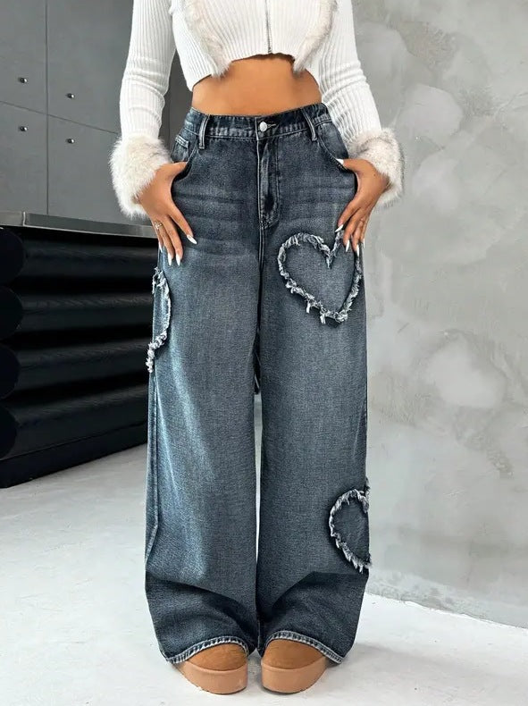 Street-style Washed-and-distressed Loose Straight-leg Pants