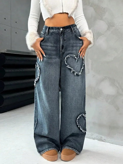 Street-style Washed-and-distressed Loose Straight-leg Pants