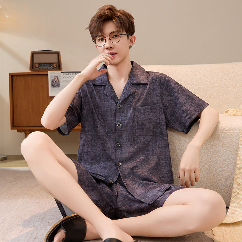 Mens Summer Cardigan Ice-silk Short-sleeve Top And Shorts