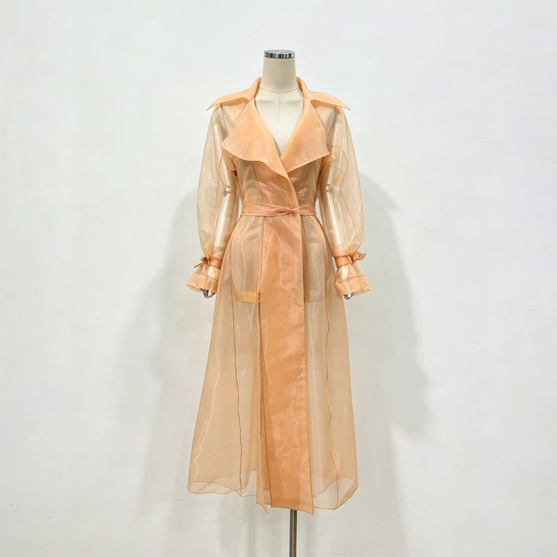 Sheer Organza Trench-Style Maxi Coat