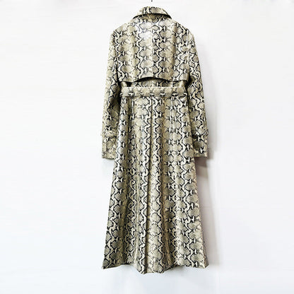 Snake-Print Faux Leather Long Trench Coat
