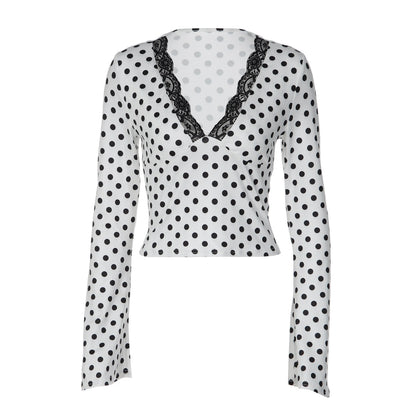 Casual V-neck Lace-trimmed Short-sleeve Top