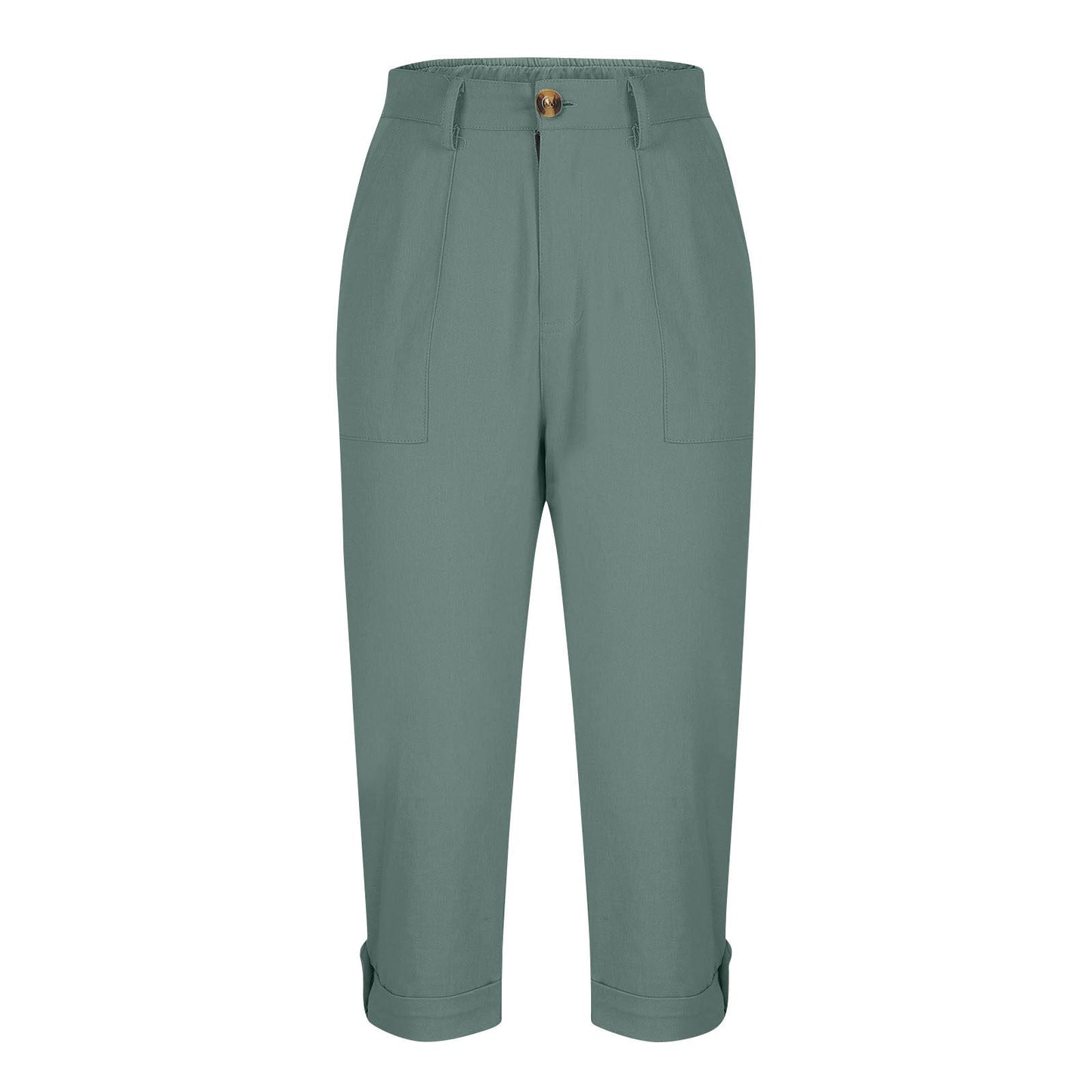 Womens Solid-color Buttoned Roll-up Capri Pants
