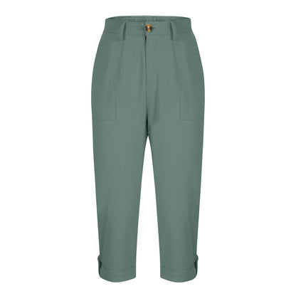 Womens Solid-color Buttoned Roll-up Capri Pants