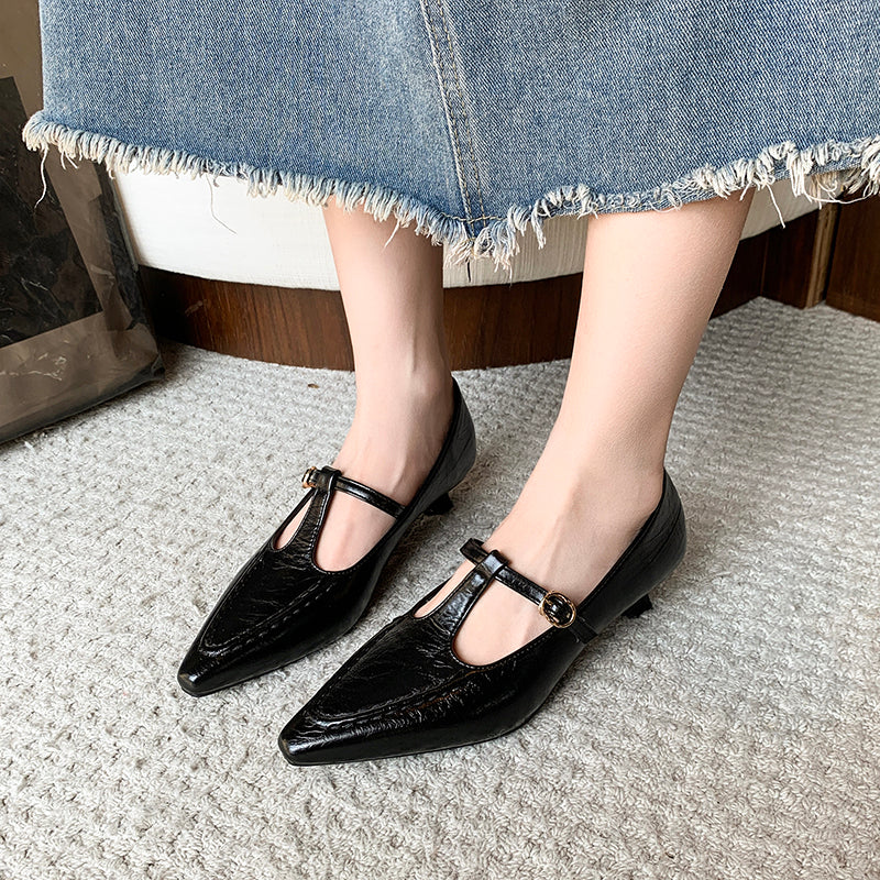 Women Vintage French Crinkled Leather Kitten Heel Pumps,  Daily Commuting Dress Shoes