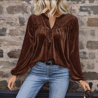 Elegant Long Sleeve Top For Spring & Fall  Women's Casual Chic Solid Color Pullover V-Neck Button