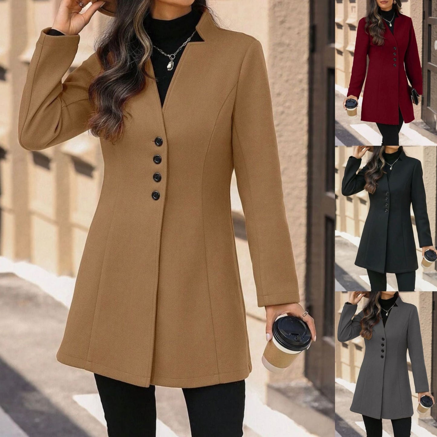 Elegant Wool Stand-collar Trench Coat Mid-length Style For Women